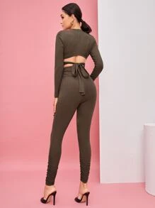 KYS Designer Crisscross Bolero Top & Ruched Leggings Without Bra, Women Clothes, For Holiday, Festival