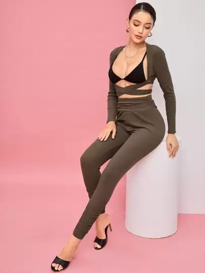 KYS Designer Crisscross Bolero Top & Ruched Leggings Without Bra, Women Clothes, For Holiday, Festival