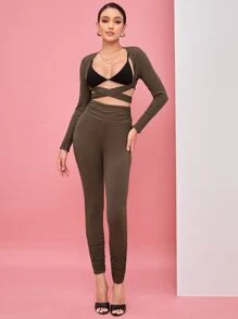 KYS Designer Crisscross Bolero Top & Ruched Leggings Without Bra, Women Clothes, For Holiday, Festival