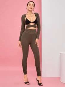 KYS Designer Crisscross Bolero Top & Ruched Leggings Without Bra, Women Clothes, For Holiday, Festival