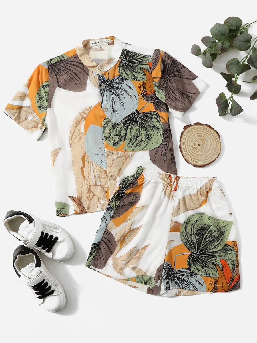 SHEIN 小男童熱帶圖案襯衫和短褲