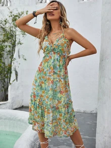 Váy Cami viền ren hở lưng họa tiết hoa Allover, Trang phục du thuyền dành cho nữ - Nhiều màu - Xem 6