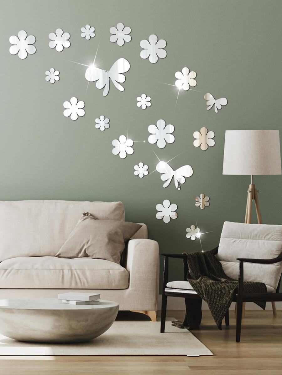20pcs Flower & Butterfly Shaped Mirror Wall Sticker - Silver - View 1