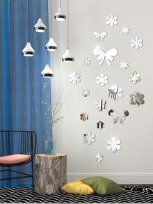 20pcs Flower & Butterfly Shaped Mirror Wall Sticker - Silver - View 7