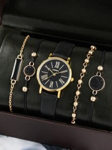1 pieza Reloj cuarzo de puntero redondo & 4 piezas Pulsera - Negro - Ver 1