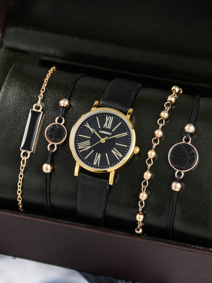 1 pieza Reloj cuarzo de puntero redondo & 4 piezas Pulsera - Negro - Ver 1