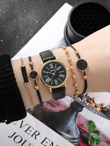 1 pieza Reloj cuarzo de puntero redondo & 4 piezas Pulsera - Negro - Ver 2