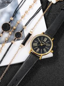 1 pieza Reloj cuarzo de puntero redondo & 4 piezas Pulsera - Negro - Ver 3