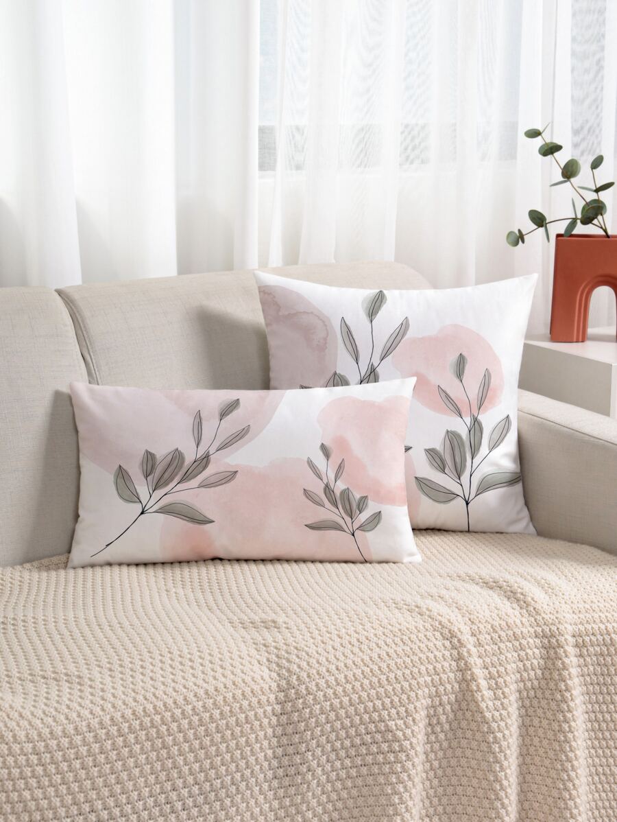 1入熱帶葉子印花坐墊套（不含填充物） - 藕粉色 - 查看 1