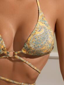 SHEIN Swim Summer Beach Paisley Print Ring Linked Tie Back Triangle Bikini - Multicolor - View 3