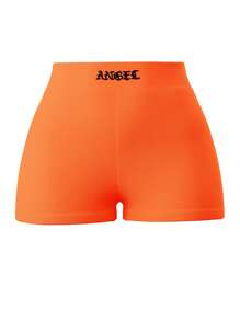 SHEIN ICON 90s Neon Orange Letter Embroidered Rib-knit Biker Shorts - Orange - View 1