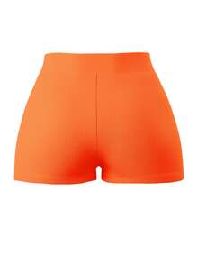 SHEIN ICON 90s Neon Orange Letter Embroidered Rib-knit Biker Shorts - Orange - View 2