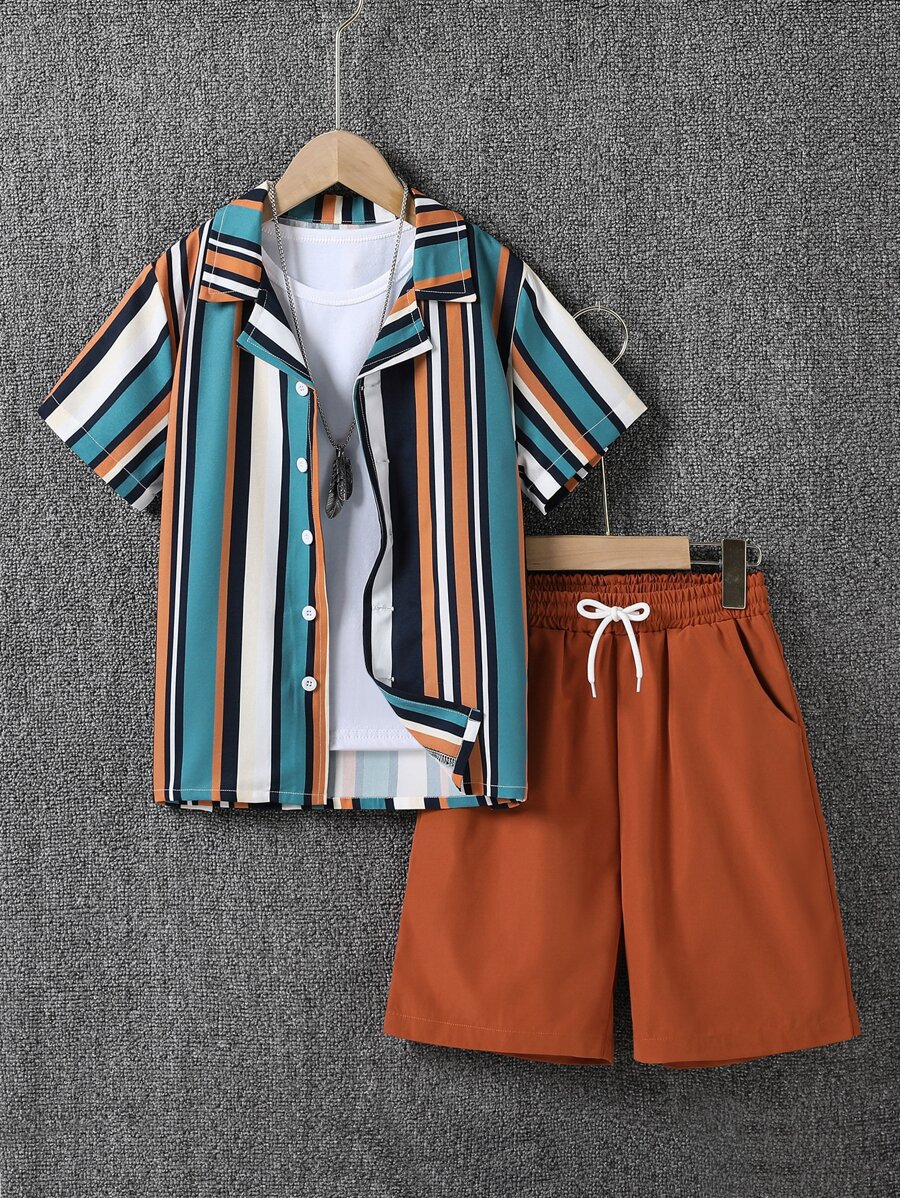 SHEIN Tween Boy Striped Shirt & Drawstring Waist Shorts Without Tee - Multicolor - View 1