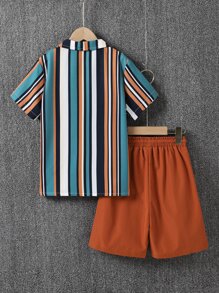 SHEIN Tween Boy Striped Shirt & Drawstring Waist Shorts Without Tee - Multicolor - View 2