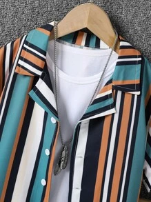 SHEIN Tween Boy Striped Shirt & Drawstring Waist Shorts Without Tee - Multicolor - View 3