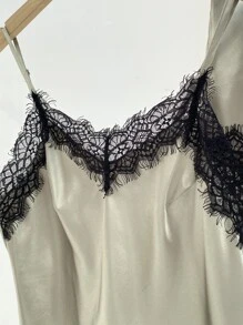 Bộ đồ ngủ Nữ Tương phản ren Thắt nút màu trơn Thanh lịch - xanh quân đội - Xem 3