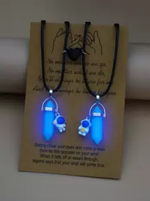 2 piezas Collar brillante en oscuro astronauta & colgante geométrico - Negro - Ver 1