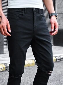 Manfinity Hombres Jeans ajustados desgarro - Negro - Ver 8