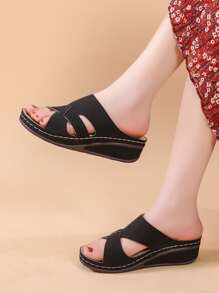 Elegant Black Sandals For Women, Criss Cross Wedge Slide Sandals