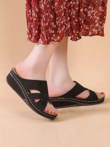 Elegant Black Sandals For Women, Criss Cross Wedge Slide Sandals