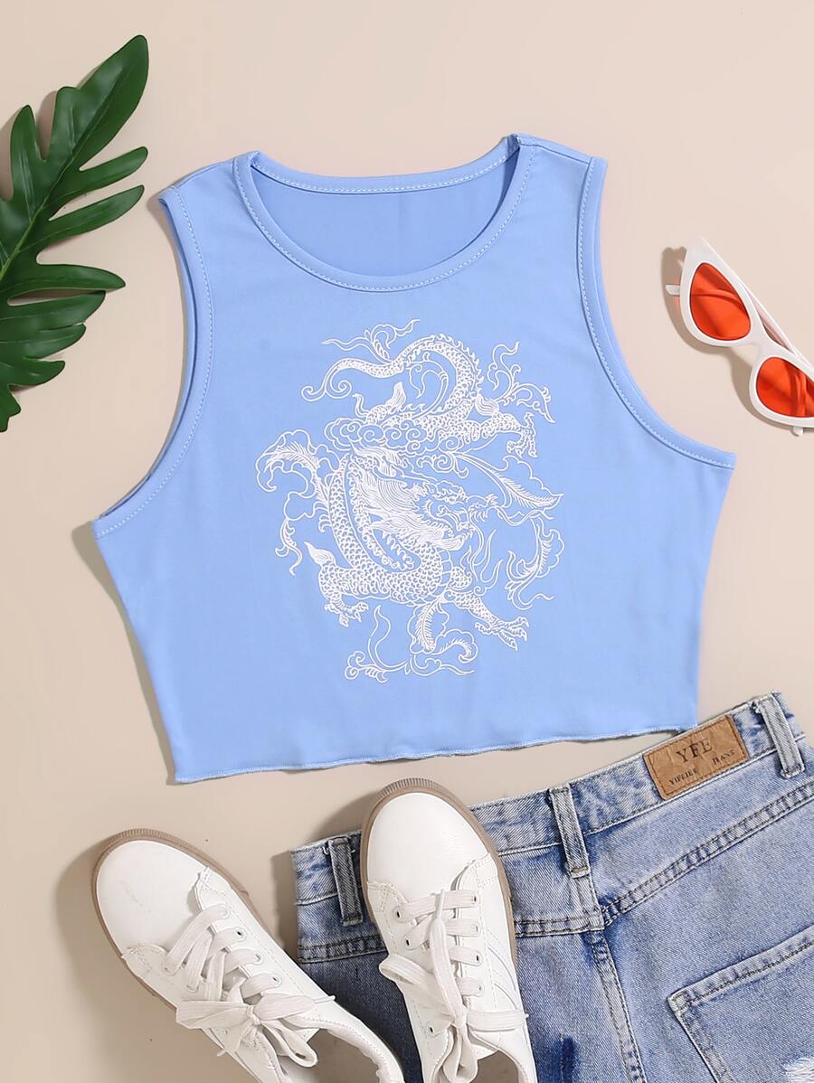 SHEIN Unity Camis Lettuce Trim Hewan Casual - Biru - View 1