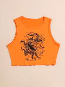 SHEIN Unity Chinese Dragon Graphic Lettuce Trim Tank Top - Orange - View 3