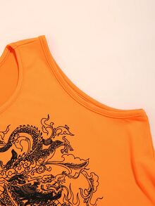 SHEIN Unity Chinese Dragon Graphic Lettuce Trim Tank Top - Orange - View 4