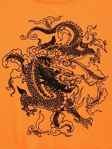 SHEIN Unity Chinese Dragon Graphic Lettuce Trim Tank Top - Orange - View 5