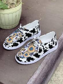 Floral Graphic Lace-up Front Canvas Shoes - Multicolor - View 5