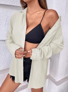 SHEIN VCAY Camisa unicolor de hombros caídos - Beis - Ver 1