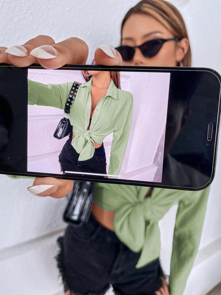 SHEIN Holidaya Solid Drop Shoulder Shirt - Mint Green - View 3