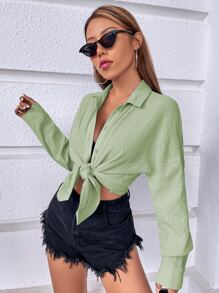 SHEIN Holidaya Solid Drop Shoulder Shirt - Mint Green - View 4
