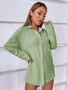 SHEIN Holidaya Solid Drop Shoulder Shirt - Mint Green - View 5
