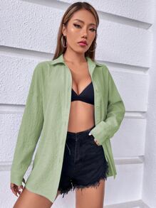 SHEIN Holidaya Solid Drop Shoulder Shirt - Mint Green - View 6