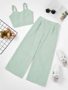 SHEIN Girls Crop Cami Top & Wide Leg Trousers - Mint Green - View 1