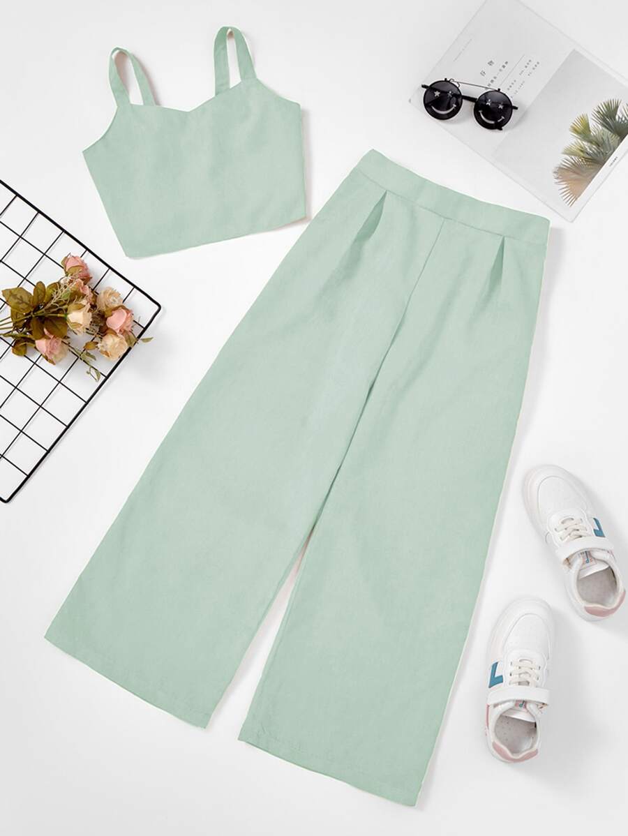 SHEIN Girls Crop Cami Top & Wide Leg Trousers - Mint Green - View 1