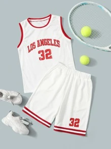 SHEIN Bộ hai mảnh Trai Túi Tương phản ràng buộc Lá thư Sọc Thể thao - trắng - Xem 1