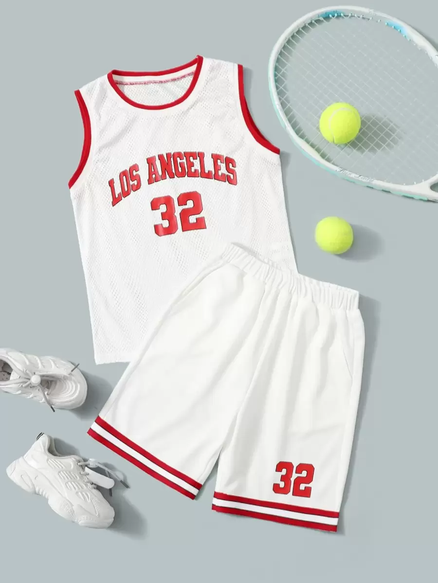 SHEIN Bộ hai mảnh Trai Túi Tương phản ràng buộc Lá thư Sọc Thể thao - trắng - Xem 1