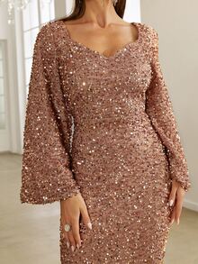 Elisanya 亮片甜心领喇叭袖美人鱼下摆拖地礼服优雅长袖舞会晚会婚礼宾客礼服，适合毕业典礼、晚宴派对礼服 - 杏色 - 查看 7