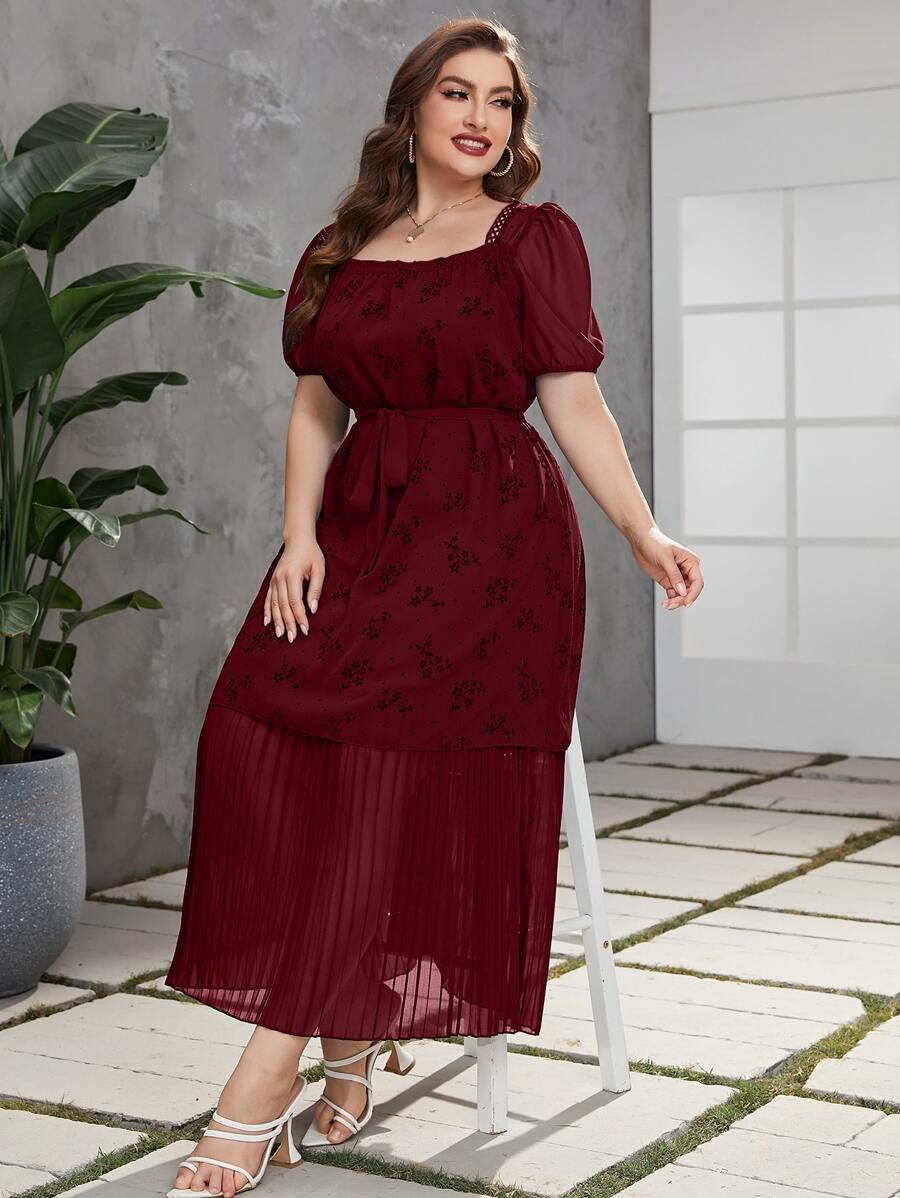 Modelyn 勃艮第红色加碎花印花泡泡袖褶皱下摆束带连衣裙 - 酒紅色 - 查看 1