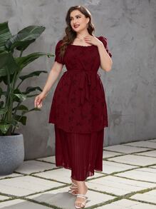 Modelyn 勃艮第红色加碎花印花泡泡袖褶皱下摆束带连衣裙 - 酒紅色 - 查看 4