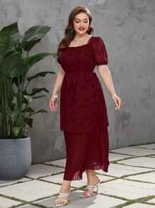 Modelyn 勃艮第红色加碎花印花泡泡袖褶皱下摆束带连衣裙 - 酒紅色 - 查看 6