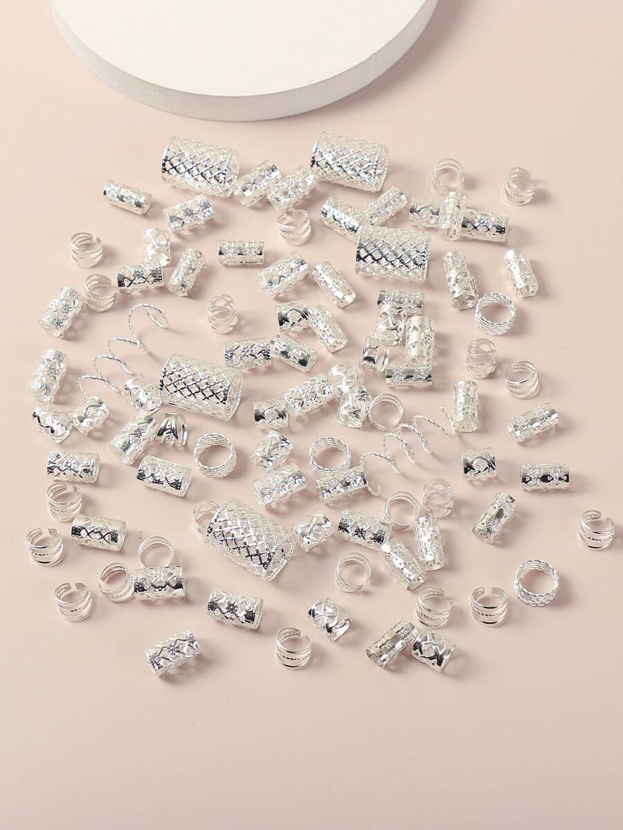 90pcs/Set Women's Personalized Braided Hair Rings, Mixed Patterns For Party, Festival, Personalized, Street Style, Hair Accessories Can Be Clipped On Braids - Silver - View 1