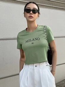 DAZY 字母刺繡短版 T 卹 - 綠色 - 查看 4