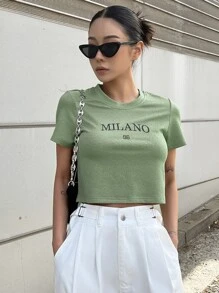 DAZY 字母刺繡短版 T 卹 - 綠色 - 查看 5