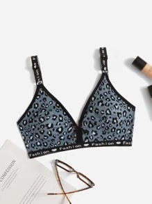 Plus Leopard Print Letter Tape Panel Bralet - Multicolor - View 1