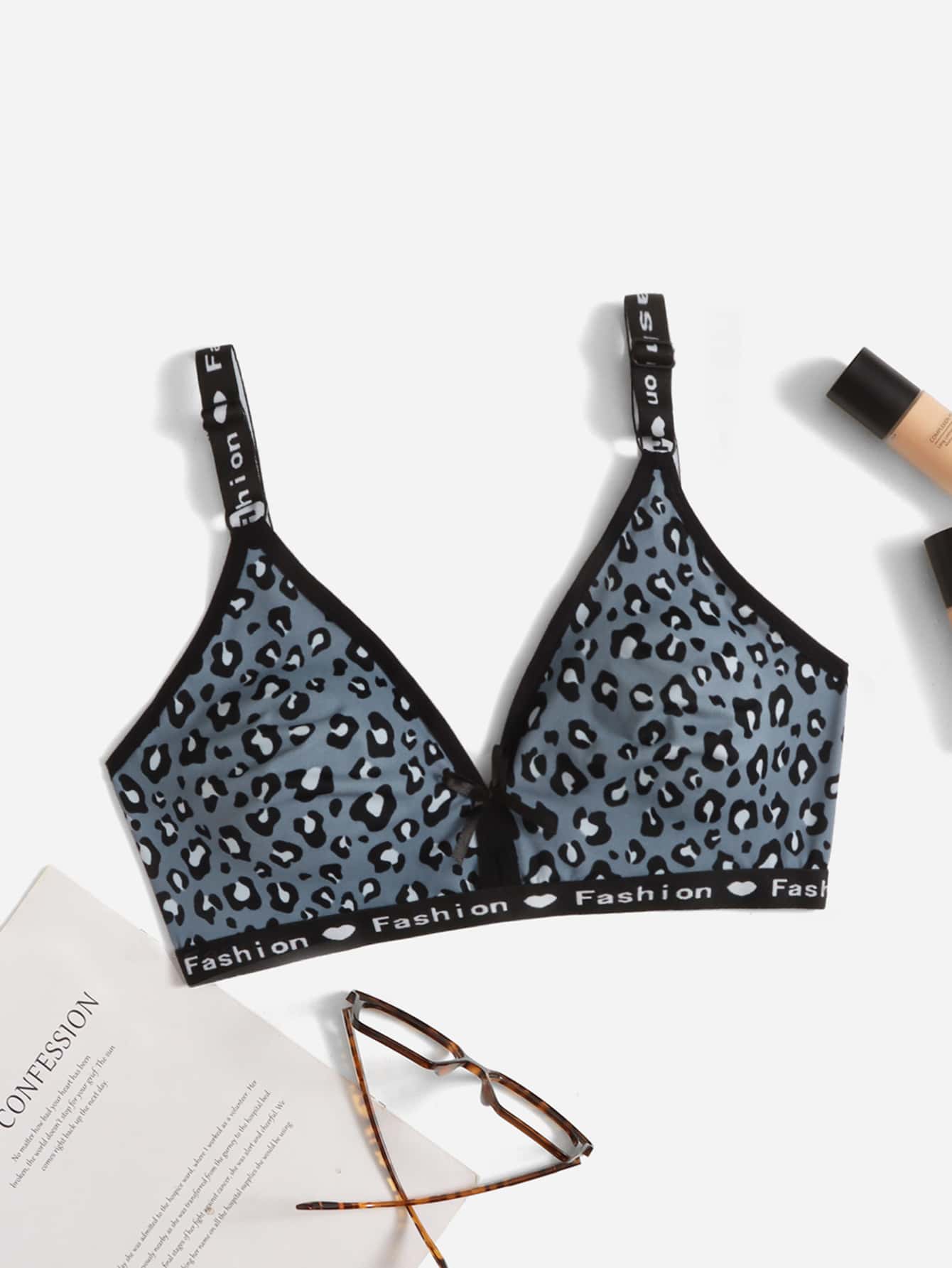 Plus Leopard Print Letter Tape Panel Bralet - Multicolor - View 1