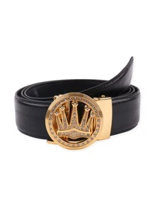 Men Rhinestone & Crown Decor Metal Buckle Belt Boho - Black - View 1