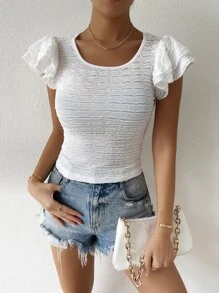 Camiseta a capas fruncido de manga mariposa - Blanco - Ver 1