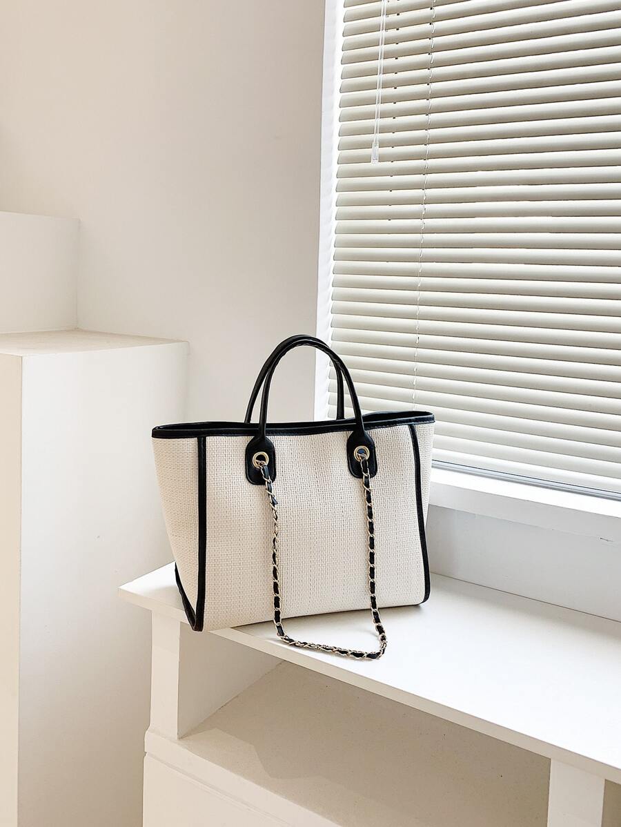Contrast Binding Top Handle Bag - Beige - View 1